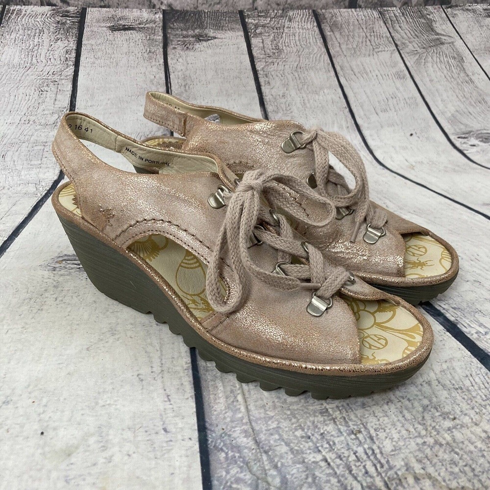 Fly London Ylfa Luna‎ Metallic Pink Lace Up Wedge Sandals Size EU 41 Us 9